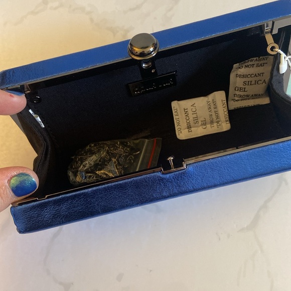 New Deux Lux Shiny Metallic Blue Mini Box Clutch Bag Purse with Chain Strap - Picture 6 of 7